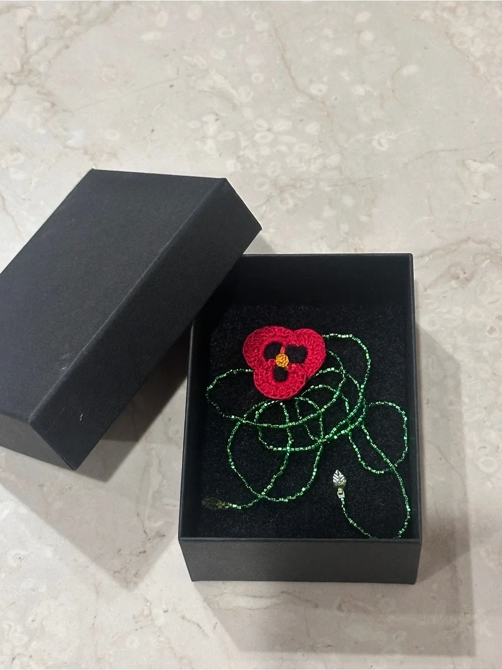 Handmade Red Crochet Poppy Necklace with Green Beaded Lariat